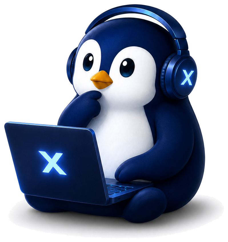 XEO mascot analyzing on a laptop